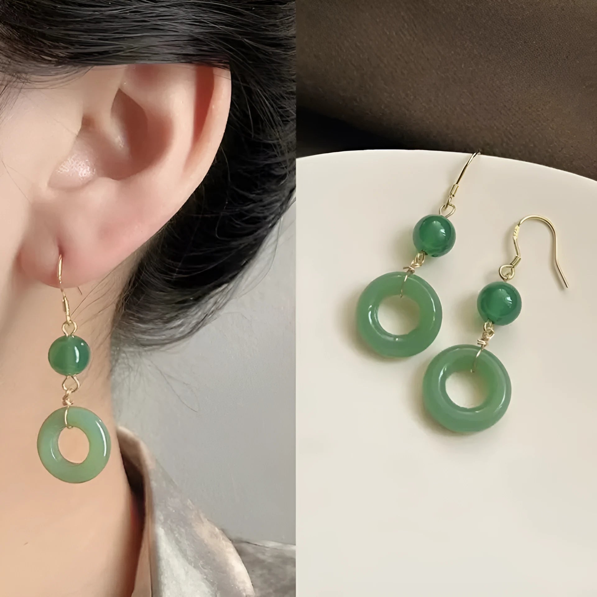 Green jade design earrings with peace buckle shape in Chinese style geometric form