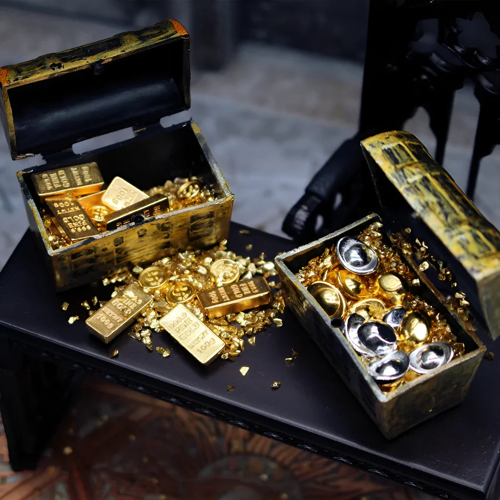 Alloy miniature gold coin treasure box doll house ornament for teenage model collections