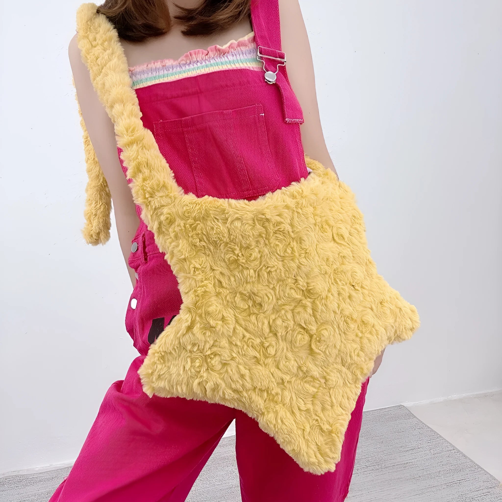 XINGX solid colour plush crossbody bag in black with soft texture and single shoulder strap