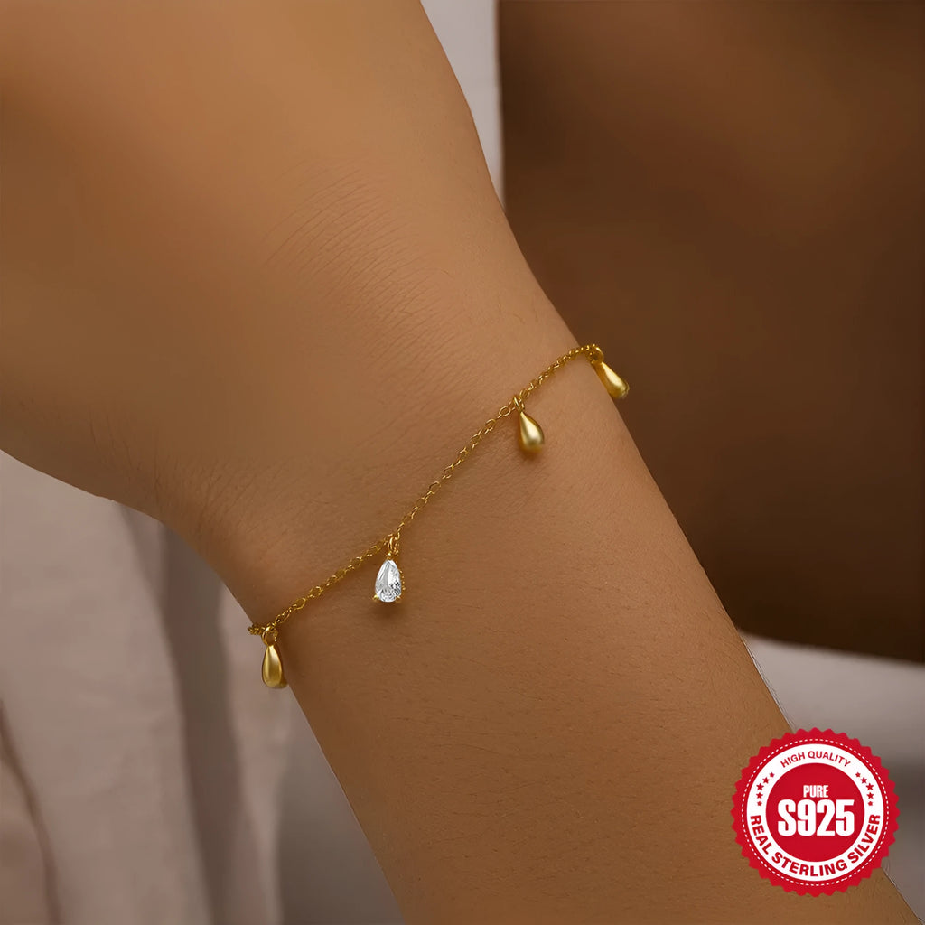S925 sterling silver bracelet with water drop diamond pendant in gold colour