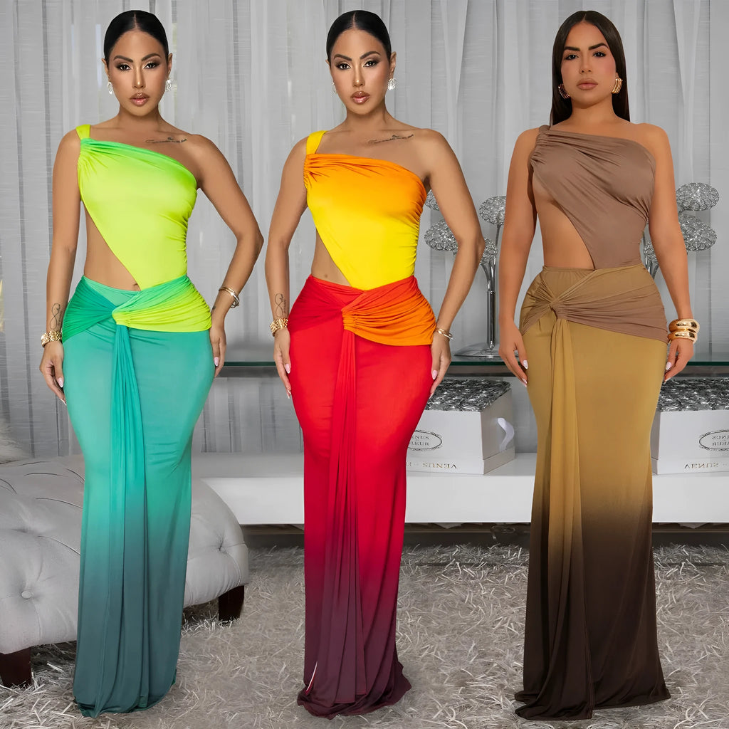 Women's gradient colour cross-shoulder sleeveless dress with a long skirt, shown in brown.