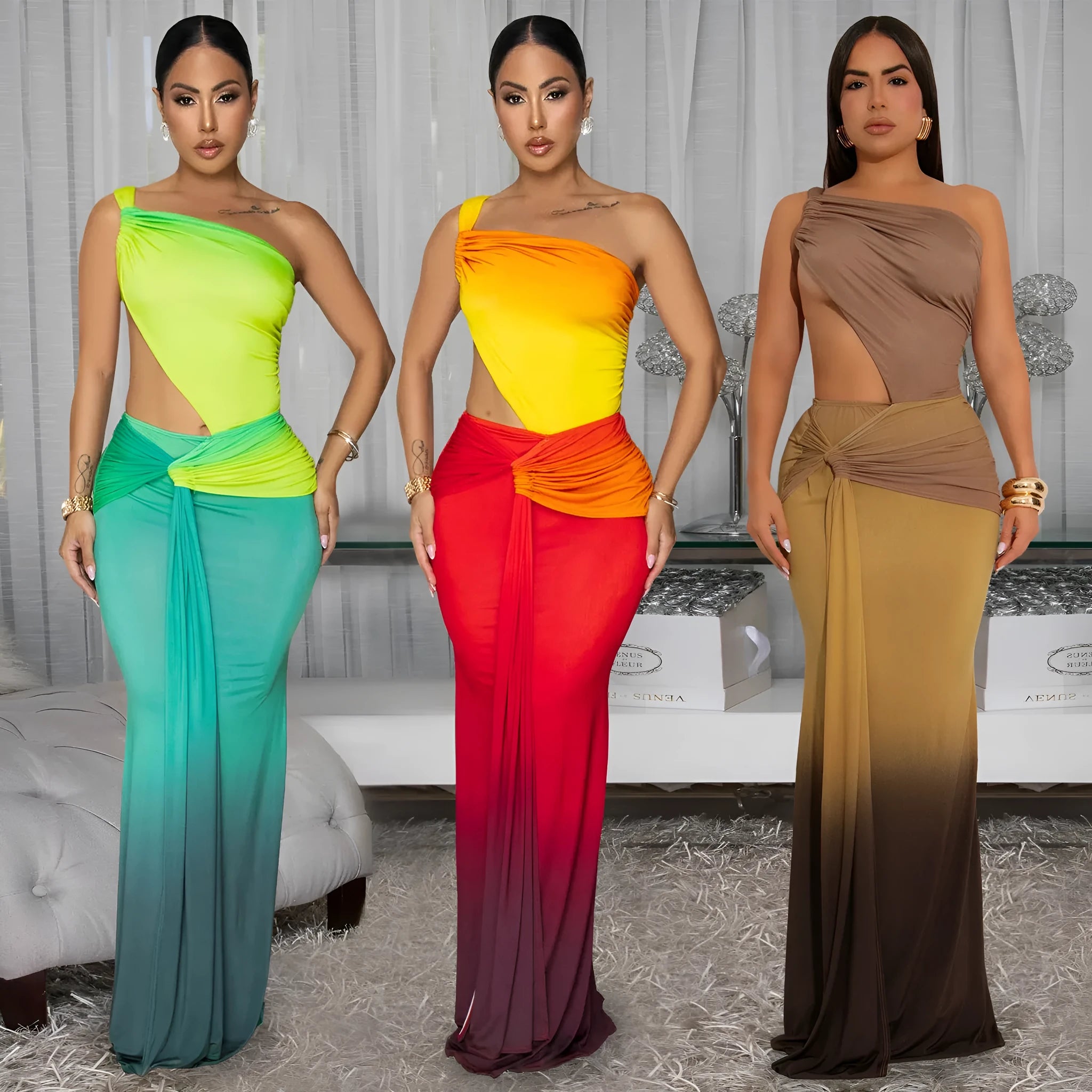 Women's gradient colour cross-shoulder sleeveless dress with a long skirt, shown in brown.