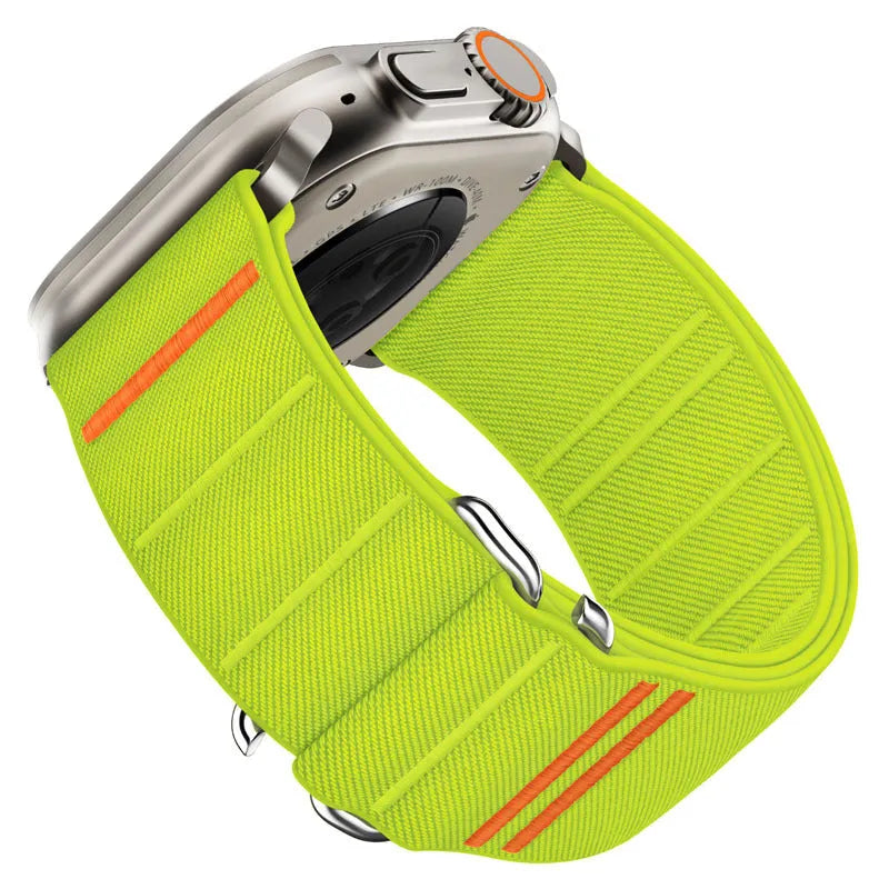 Elastic nylon Apple Watch replacement band with stainless steel buckle in Army Green colour