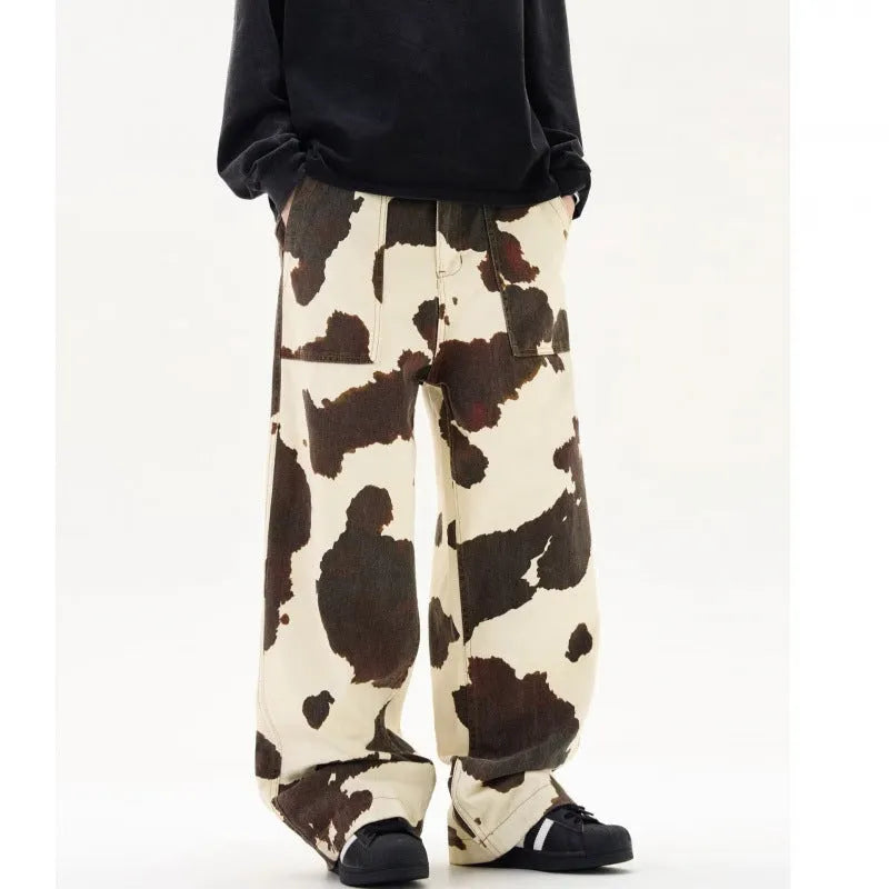 Men's American retro style trousers with cow pattern print in straight-leg cut and mid waist