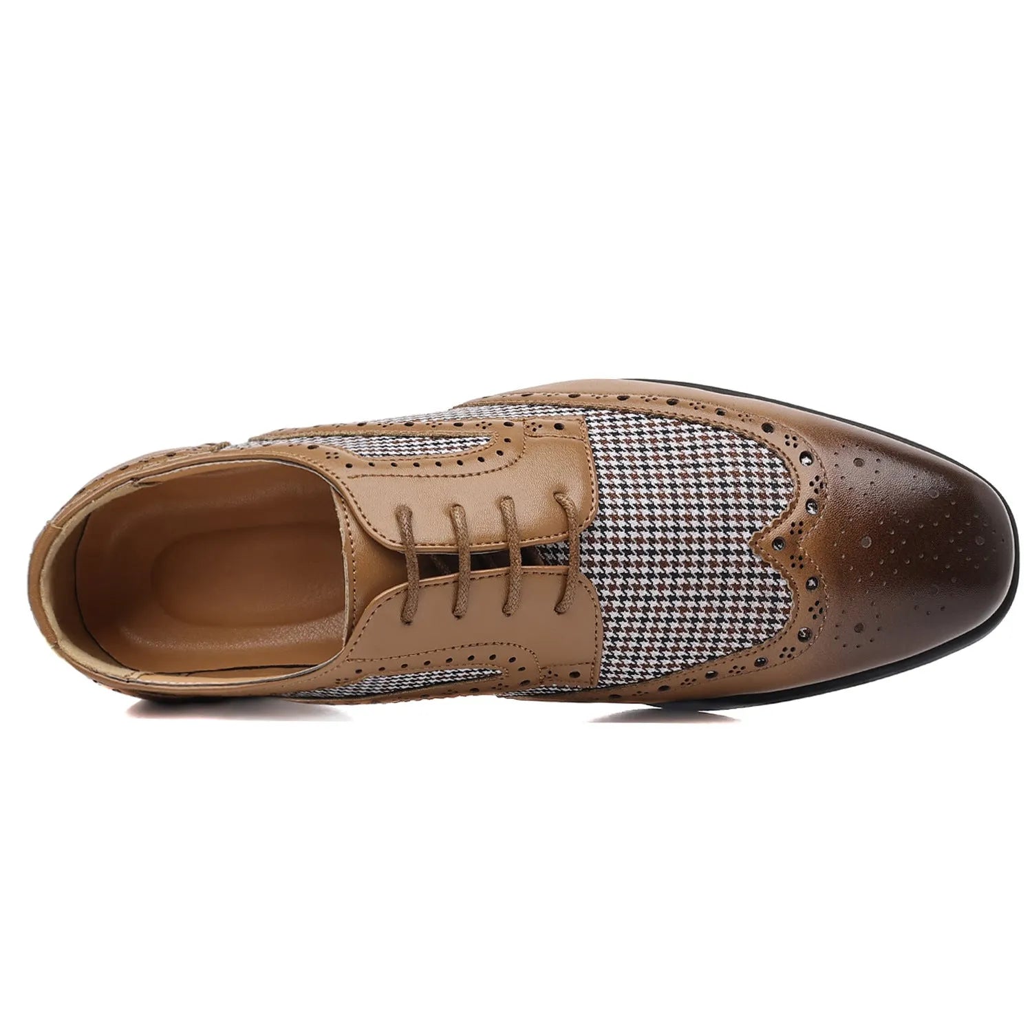 Men's black houndstooth check casual shoes with square toe and lace-up front.