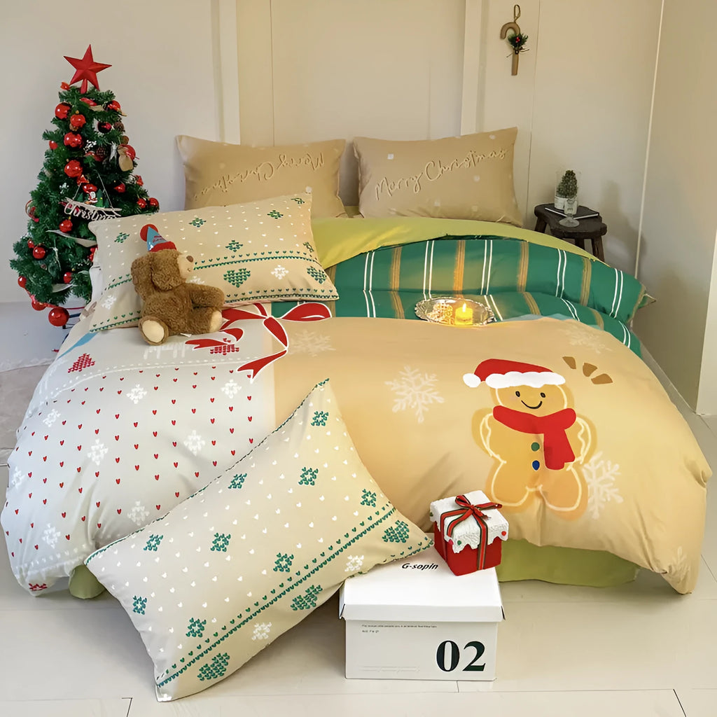 Christmas-themed cartoon printed duvet cover and pillowcase set on a bed, showing Gingerbread Man pattern.