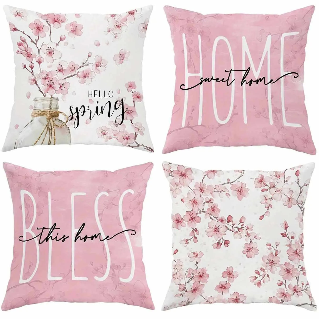 Short velvet cushion cover with cherry blossom letter design, 45cm square, shown in one of four colour options.