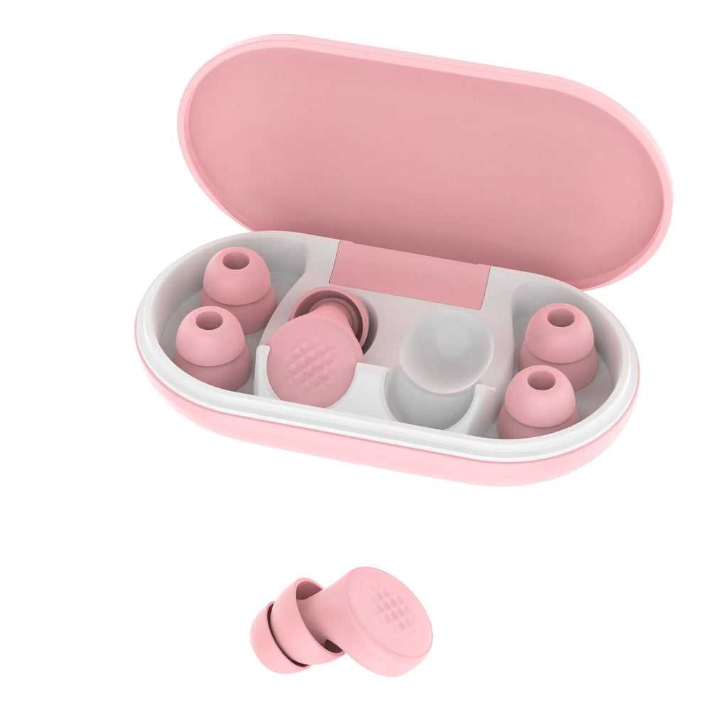 Anti-noise sleep earplugs in beige with flexible silicone construction and L-shaped curved plug