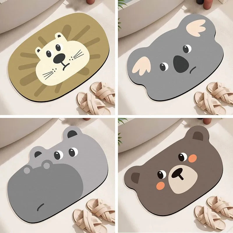 Cute cartoon animal diatomaceous earth bath mat in alien shape on bathroom floor.
