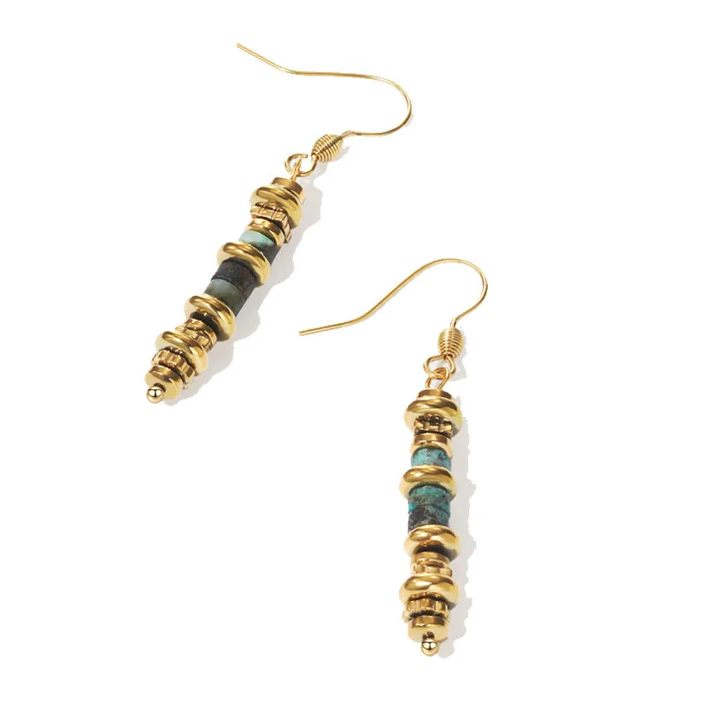 Titanium steel geometric dangle earrings in a retro style with an 18K plated finish.