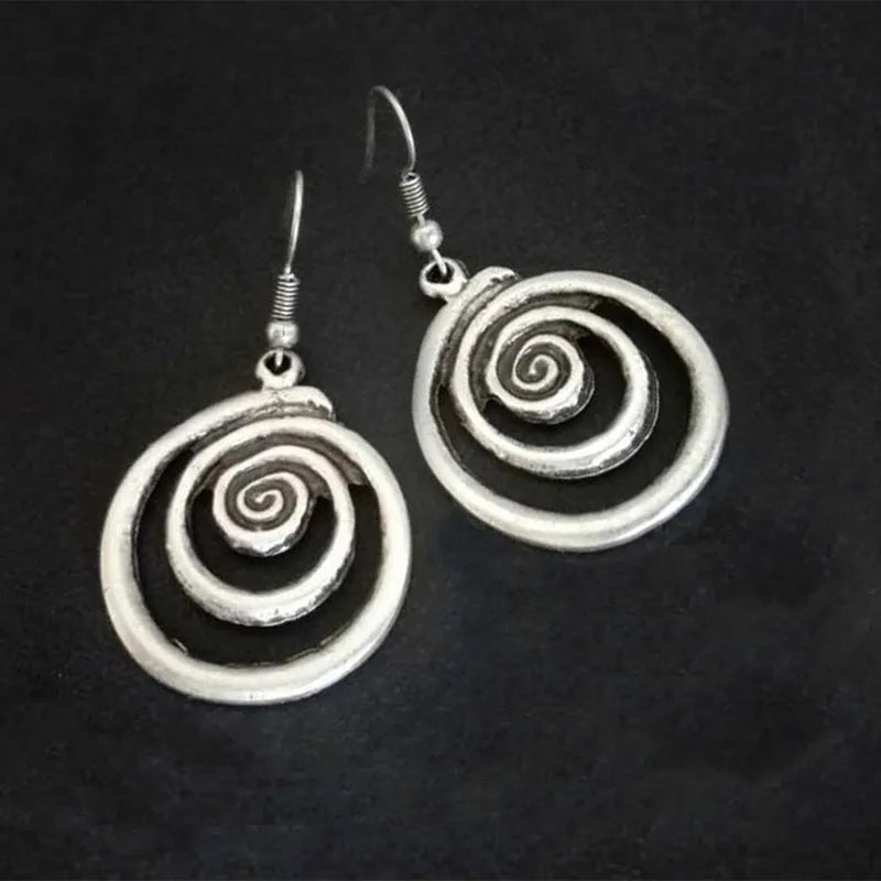 Geometric spiral distressed silver earrings with retro bohemian style