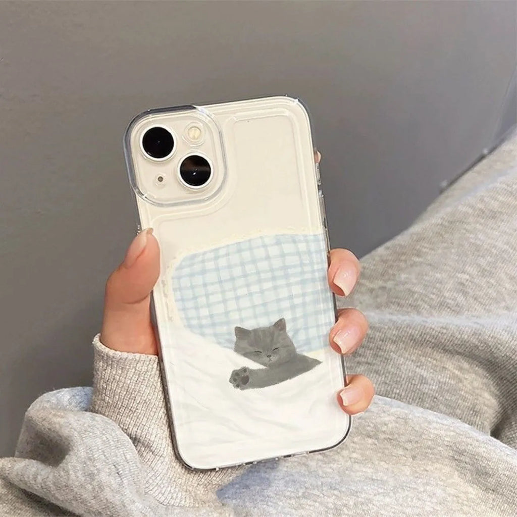 Transparent TPU phone case for Apple iPhone with a sleeping cat pattern on a clear background.