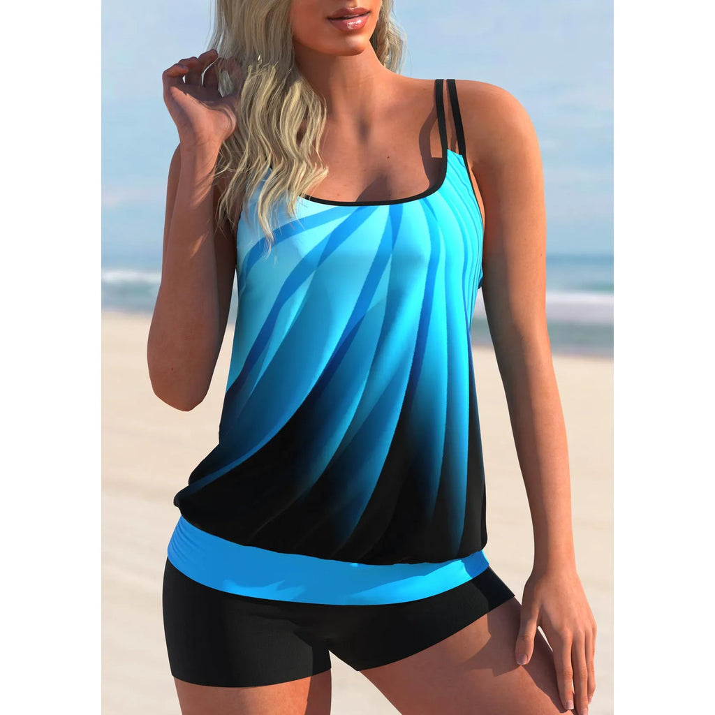 Women's plus size printed swimsuit set with butterfly pattern and matching shorts