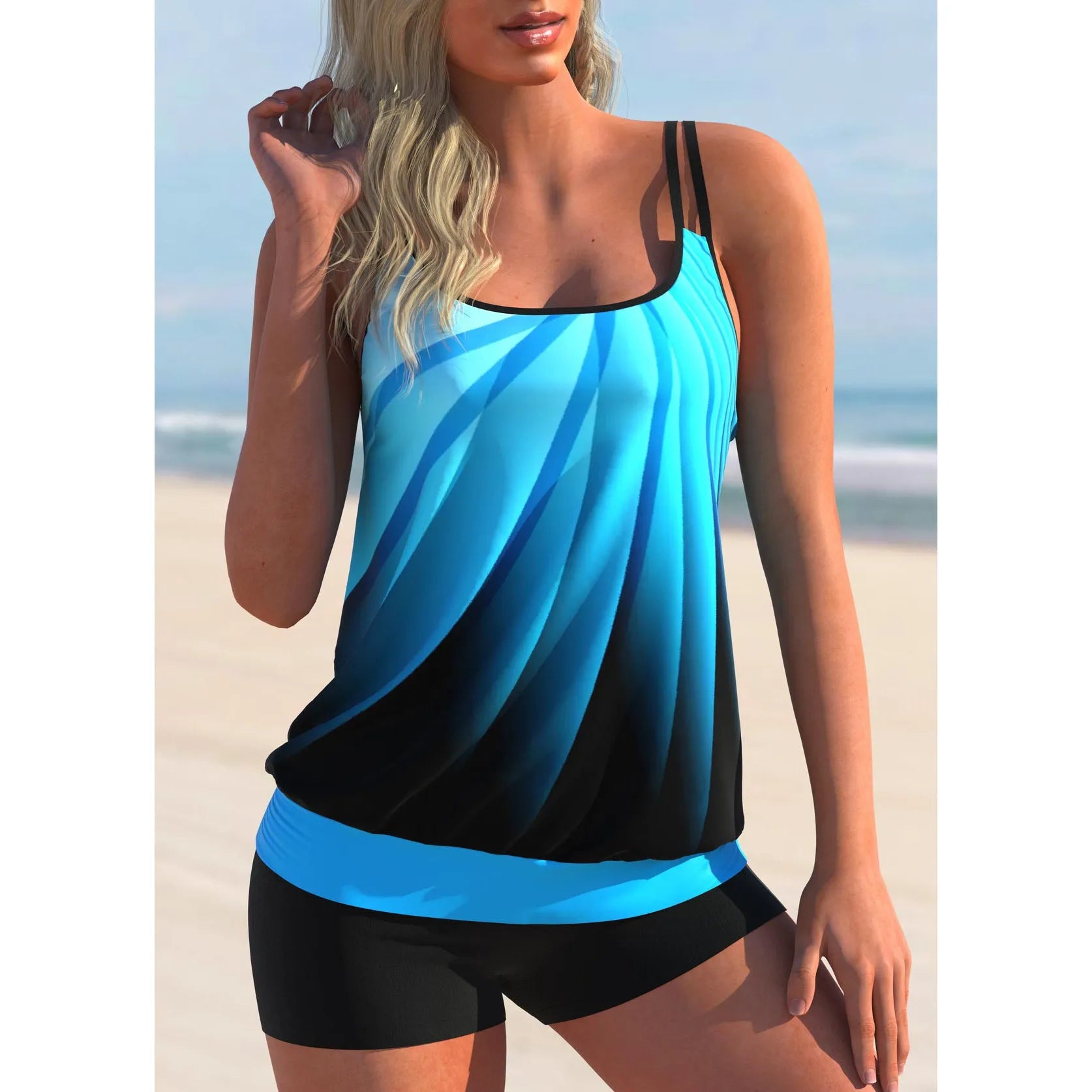 Women's plus size printed swimsuit set with butterfly pattern and matching shorts