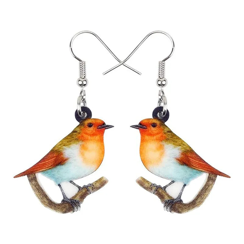 Blue titmouse and geometric snake design on lightweight acrylic drop earrings