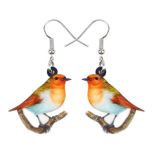 Blue titmouse and geometric snake design on lightweight acrylic drop earrings