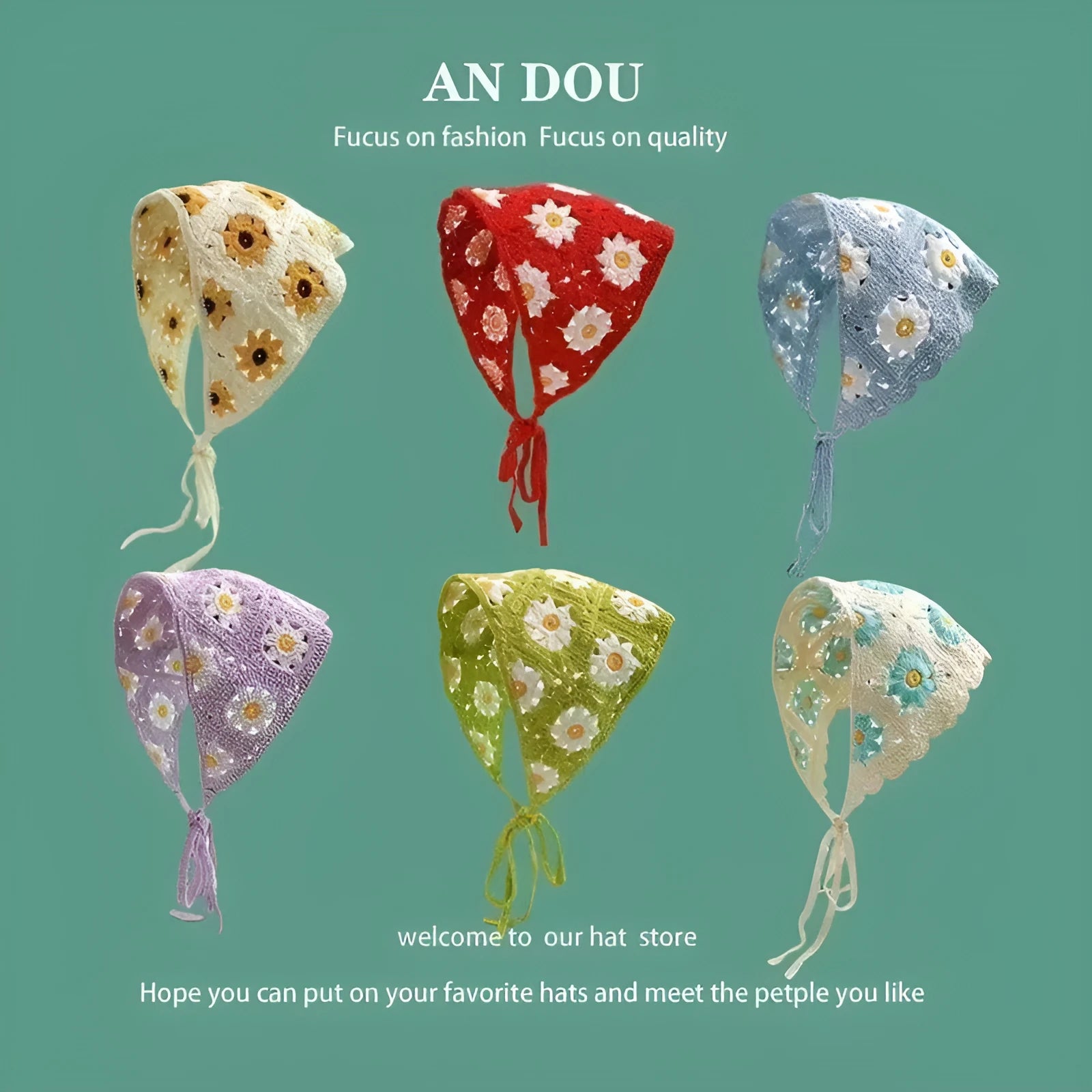 Cotton triangular headscarf with floral pattern in retro French style for women