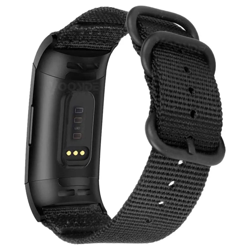 Army Green nylon replacement strap with three-ring buckle for Fitbit Charge 2, 3, 4, and 5 fitness trackers.