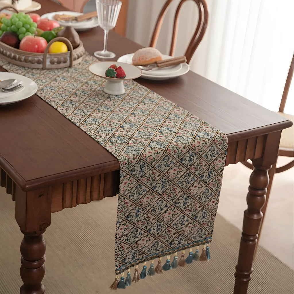 Nordic jacquard table runner with striped pattern and tassel fringe trim in dark blue colour