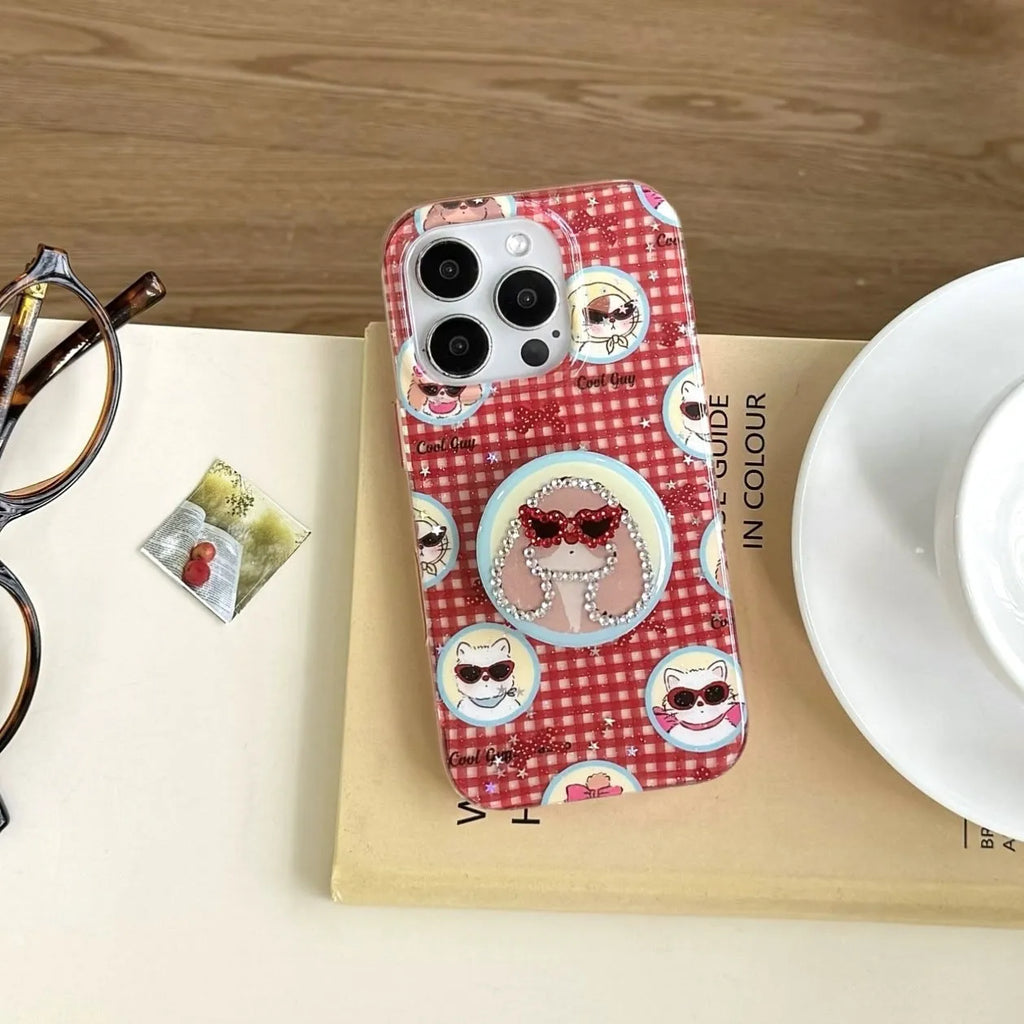 Cartoon glasses puppy spot drill TPU PC phone case with bracket for iPhone 13 14 15 16