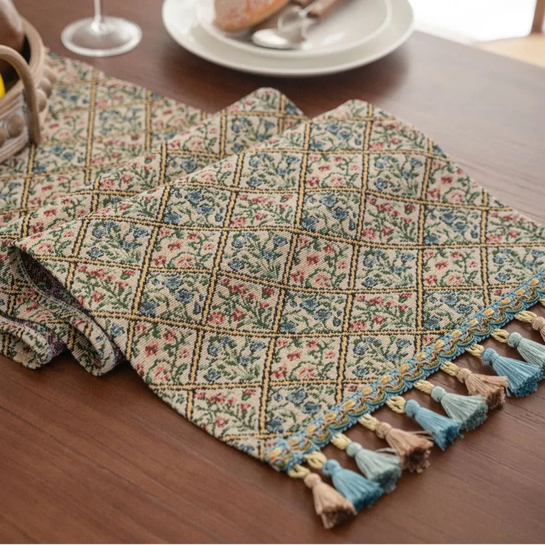 Nordic jacquard table runner with striped pattern and tassel fringe trim in dark blue colour