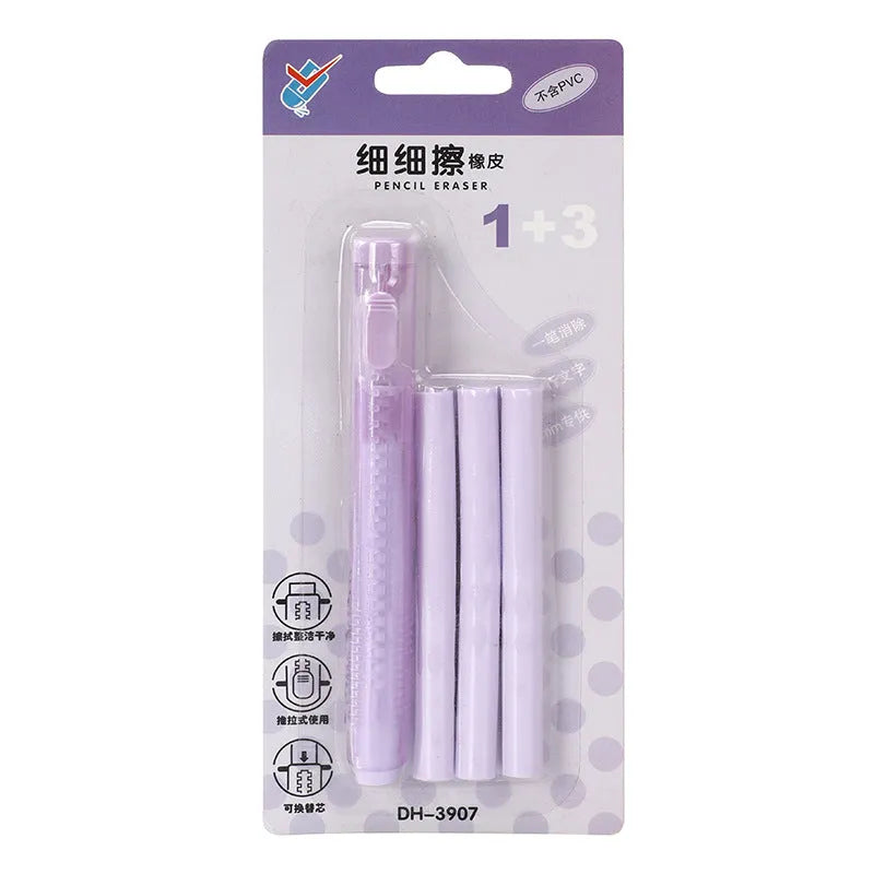 Blue children's push-type automatic eraser on a desk, showing its 12cm length.