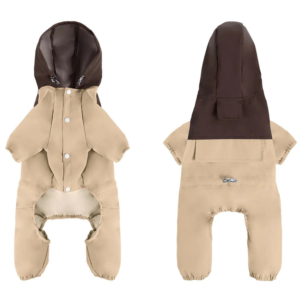 Khaki coloured waterproof dog coat with hood on a small dog, showing full-length front zip.