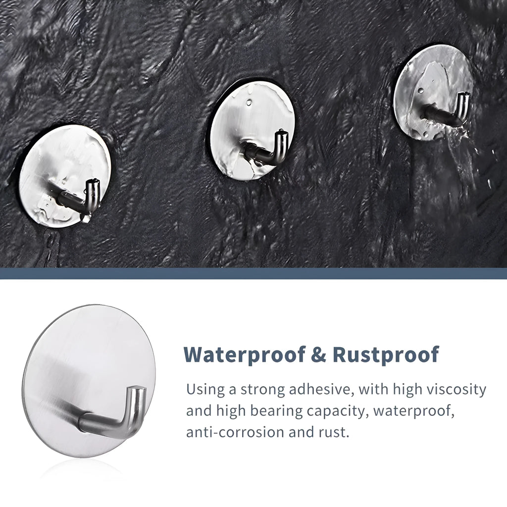 Stainless steel self-adhesive round wall hook shown in black and polished finishes.