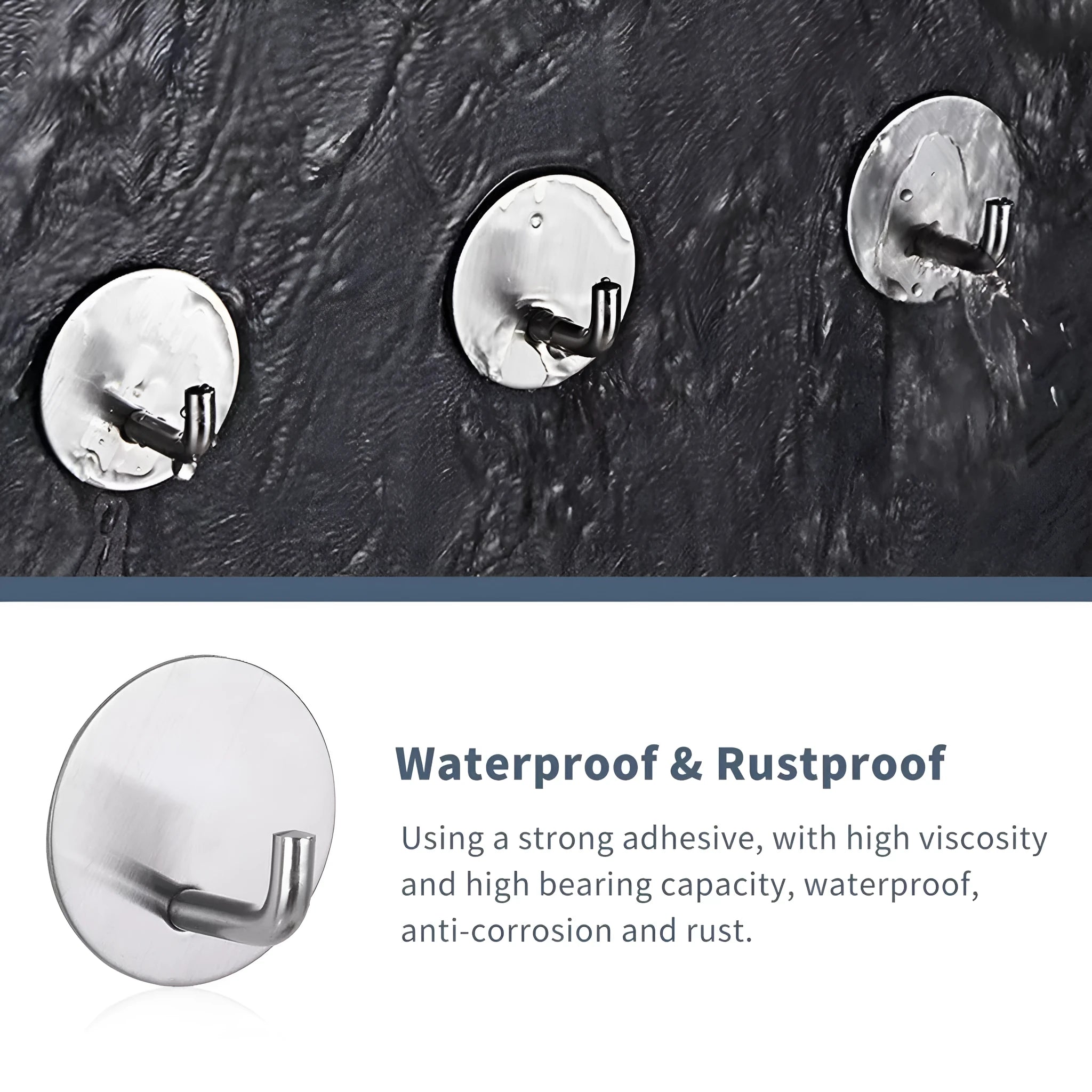 Stainless steel self-adhesive round wall hook shown in black and polished finishes.