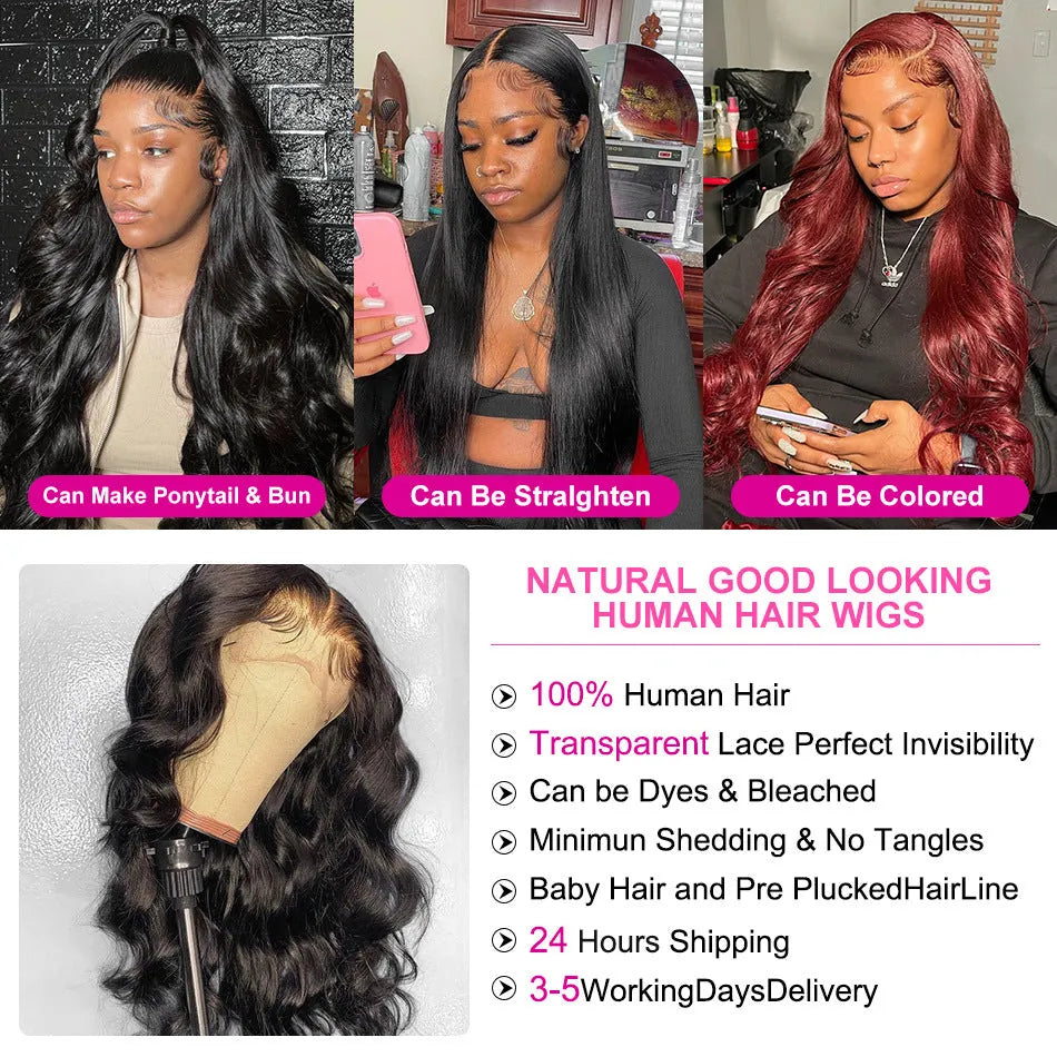 A black synthetic front lace wig with long curly hair and side-swept bangs, displayed on a wig stand.