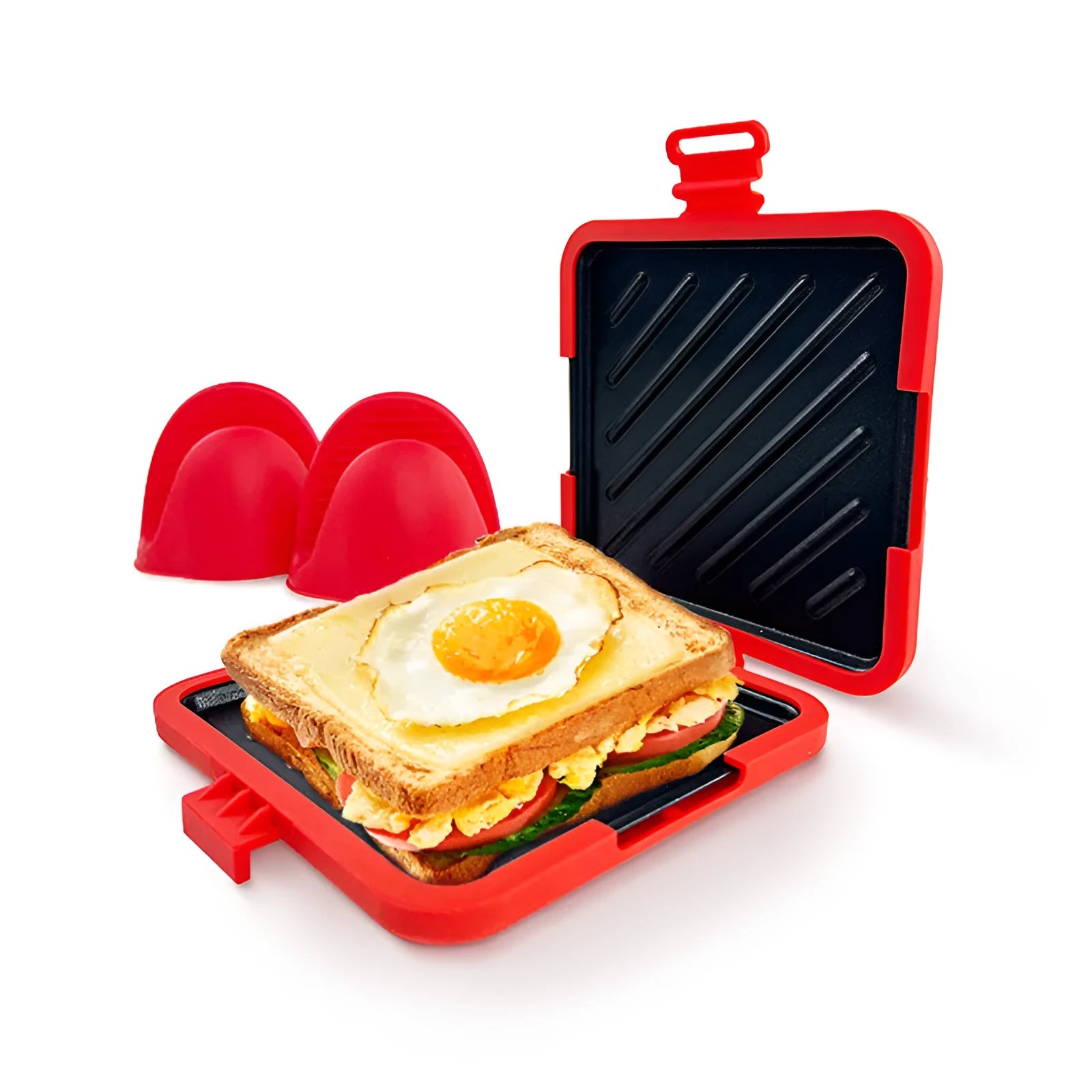 Red silicone handbag-shaped baking tray with matching heat-resistant gloves