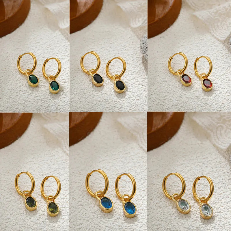 Women's retro simple oval zircon earrings in copper, shown in multiple colour options.