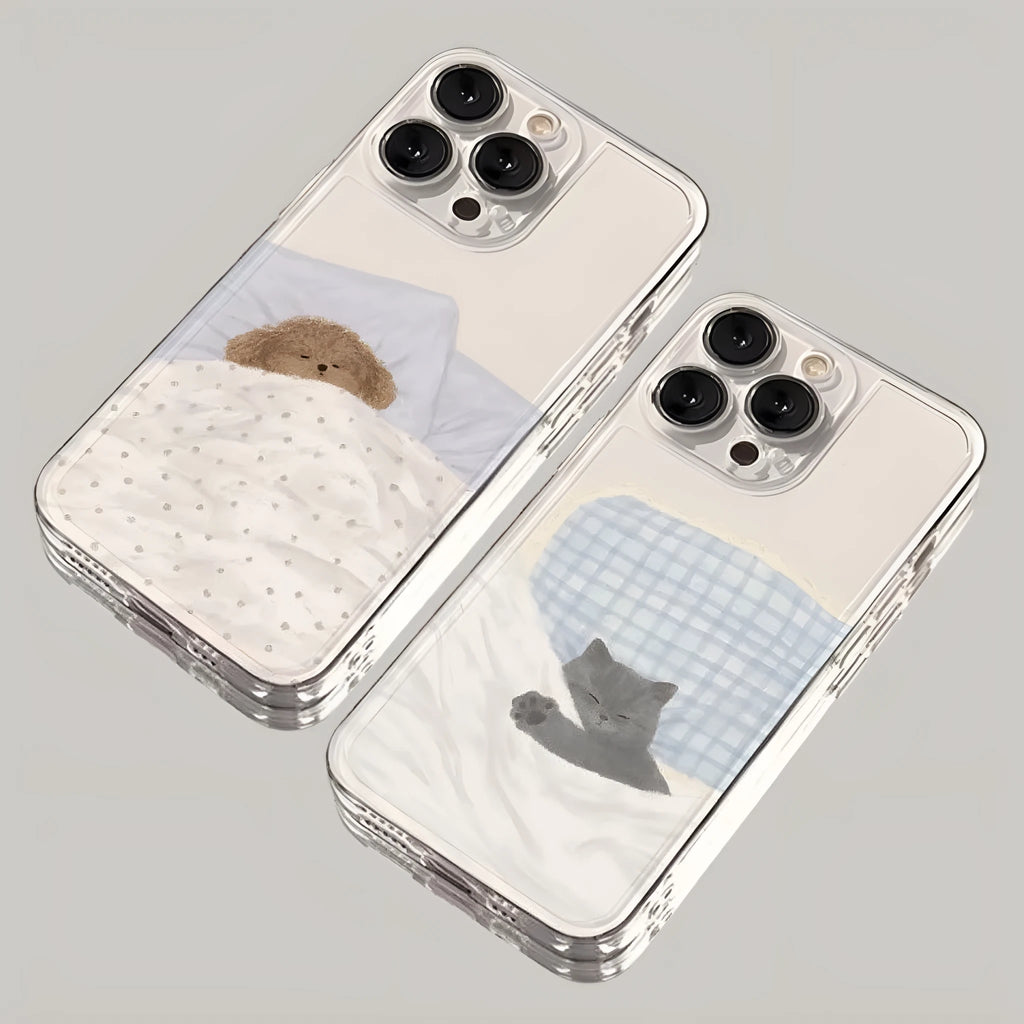 Transparent TPU phone case for Apple iPhone with a sleeping cat pattern on a clear background.