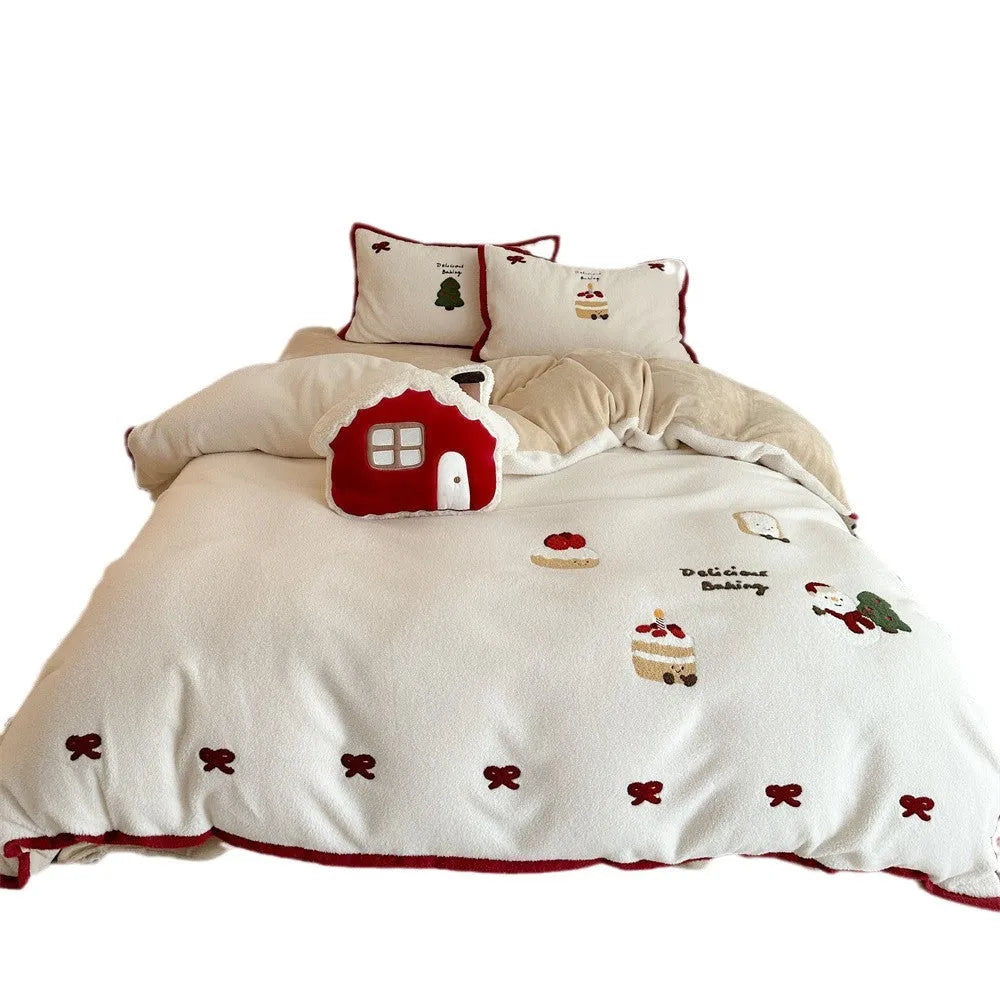 Winter Christmas themed bedding four-piece set with heart cartoon designs on thickened cashmere polyester fabric