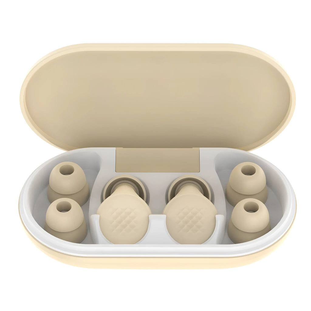 Anti-noise sleep earplugs in beige with flexible silicone construction and L-shaped curved plug