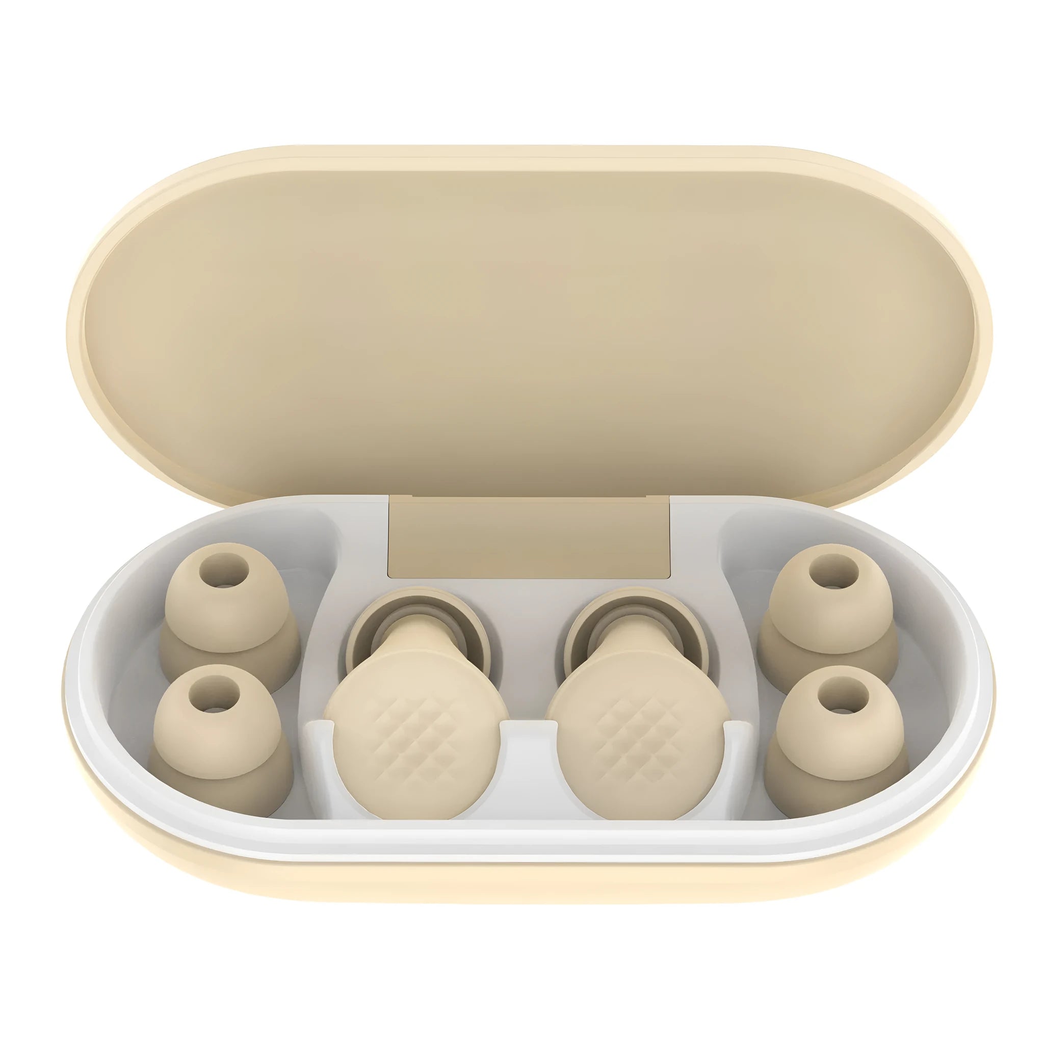 Anti-noise sleep earplugs in beige with flexible silicone construction and L-shaped curved plug