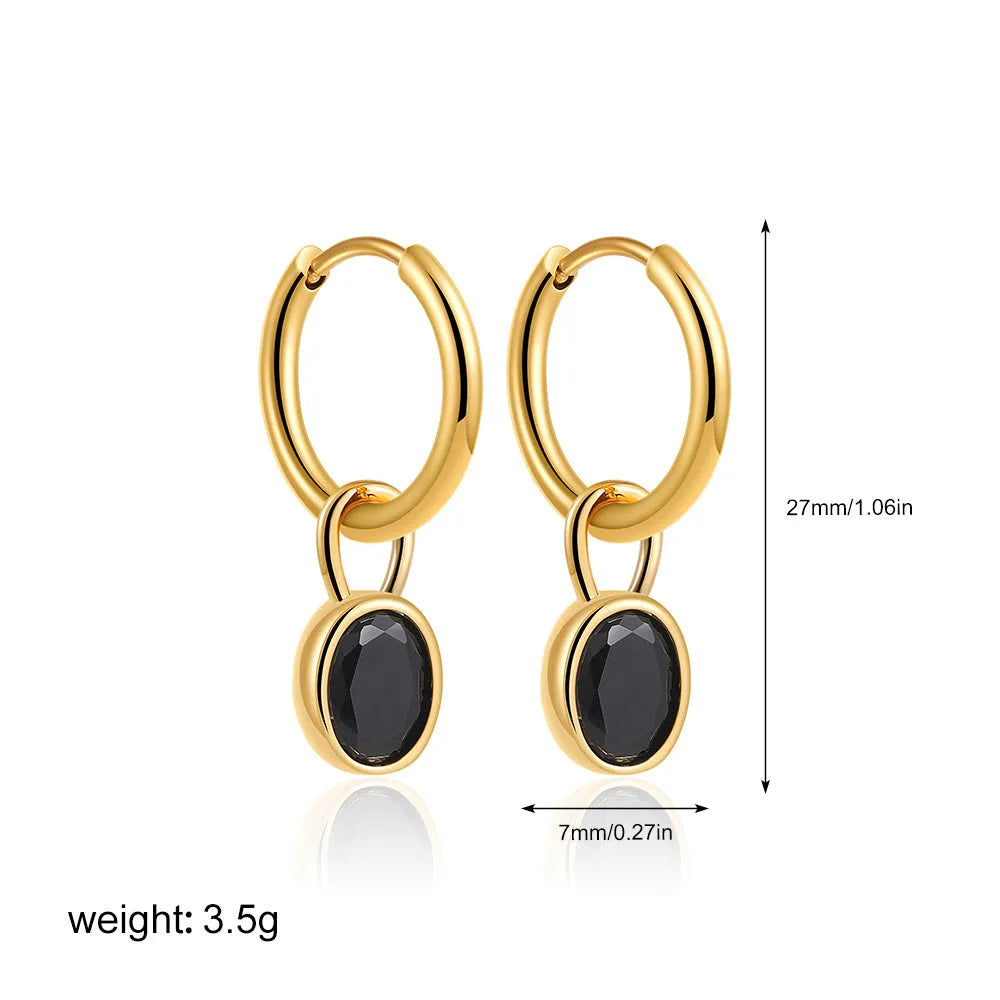 Women's retro-style oval zircon earrings in copper, shown in six colour options.