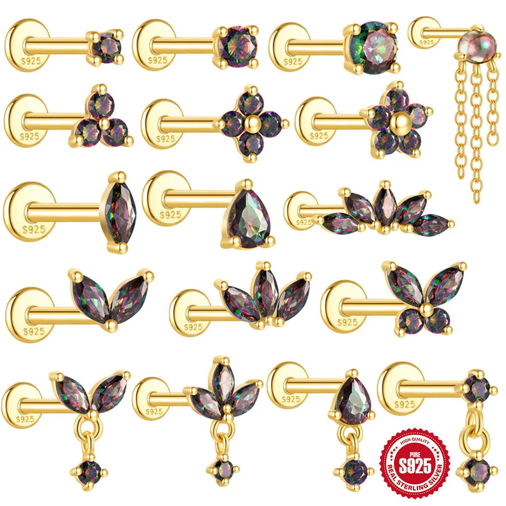 S925 sterling silver geometric thread piercing with flat head and rainbow stone in gold colour.