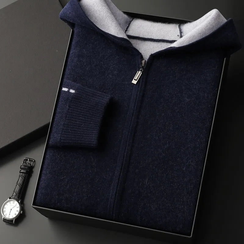 Men's dark blue cashmere zip-front cardigan sweater with half-high collar in loose fit