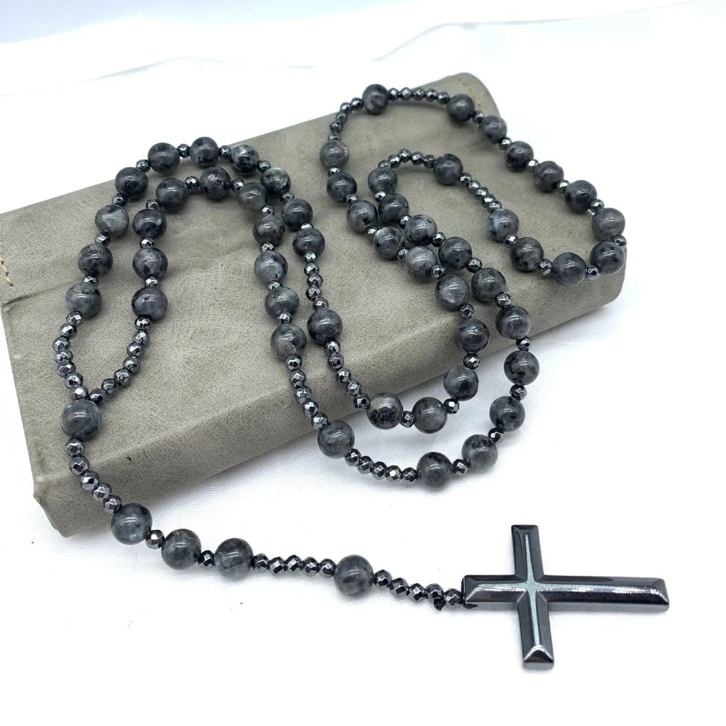 Men's stone cross pendant necklace on a ball bead chain with safety lock, 80cm length.
