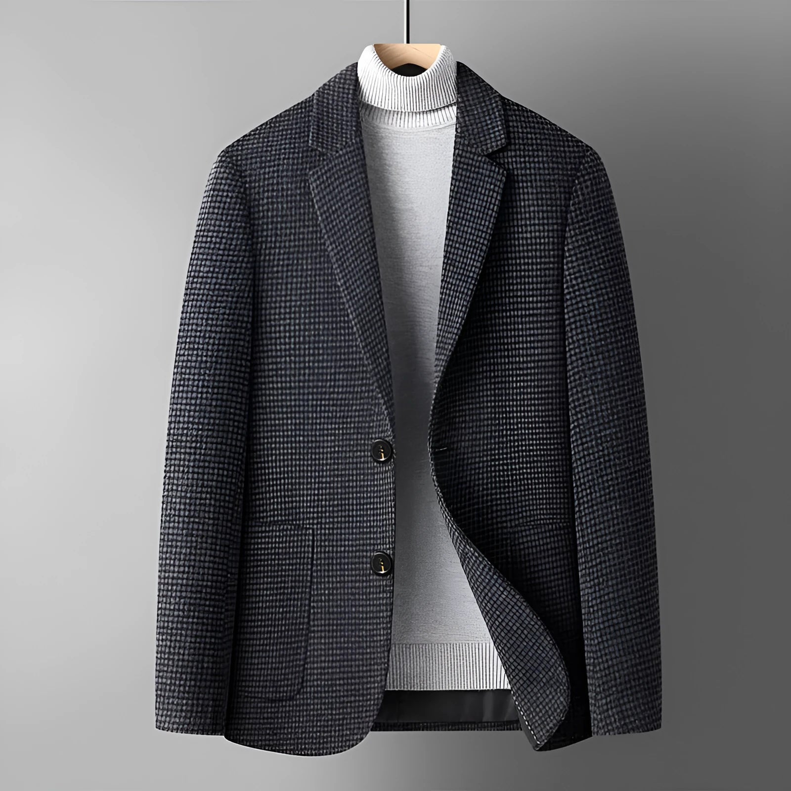 Men's slim-fit wool blend suit jacket in grey on a hanger