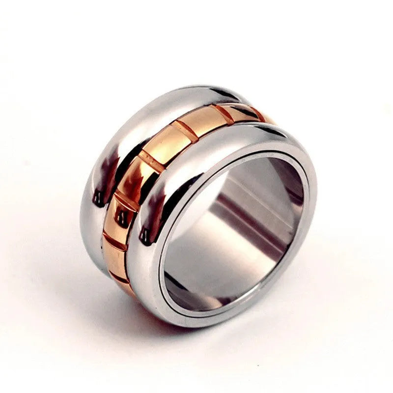 Ultra-wide gold titanium steel knuckle ring with rotating band on hand