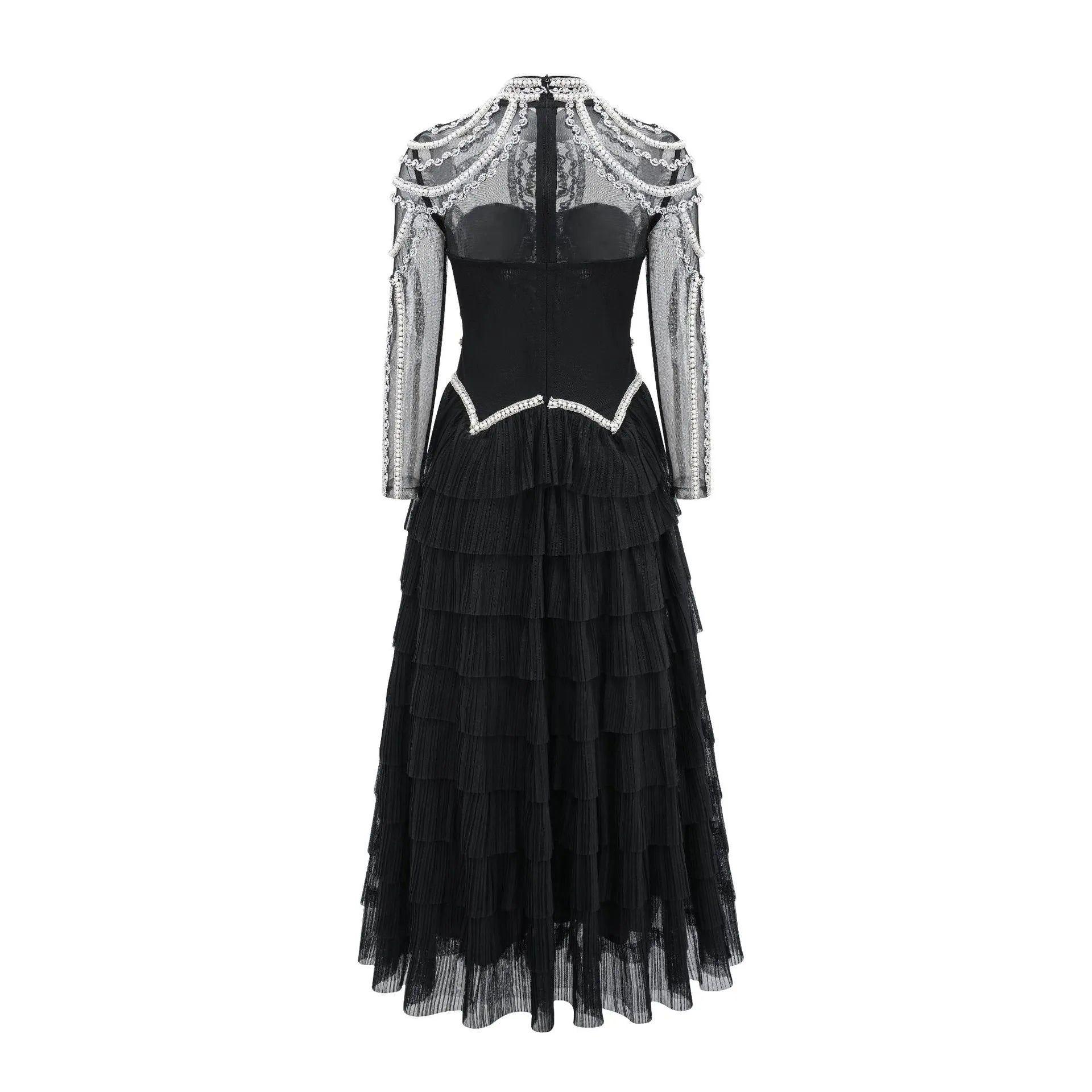 Women's black beaded long sleeve dress with mid-waist design and full-length skirt