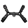 Black leather chest muscle bondage strap with metal buckle fastening system