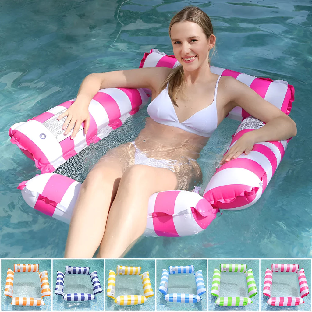 Inflatable four-tube striped floating chair on water, showing light blue longitudinal stripes and mesh centre.