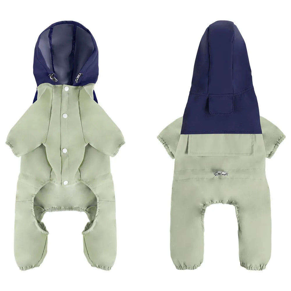 Khaki coloured waterproof dog coat with hood on a small dog, showing full-length front zip.