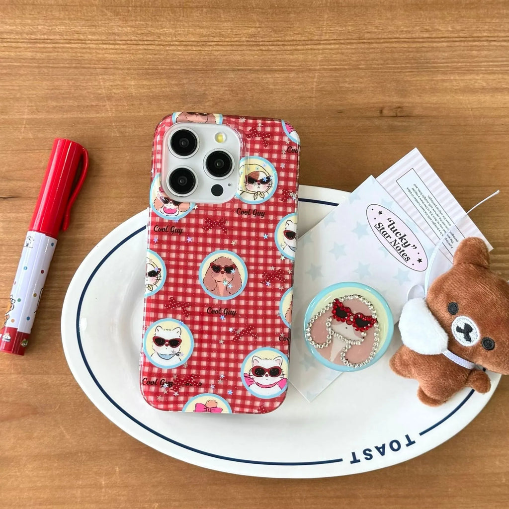 Cartoon glasses puppy spot drill TPU PC phone case with bracket for iPhone 13 14 15 16