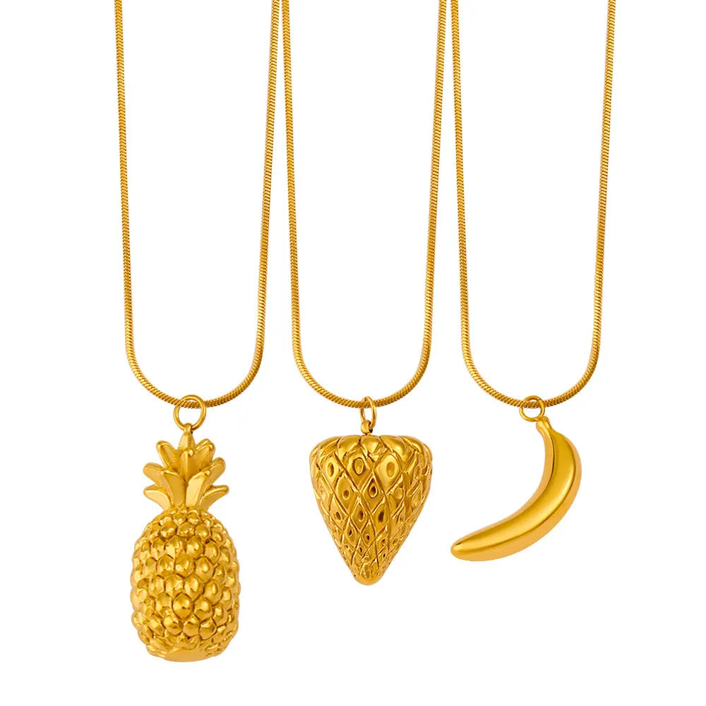 Stainless steel necklace with a colourful fruit-shaped pendant in apple, grape, or watermelon design.
