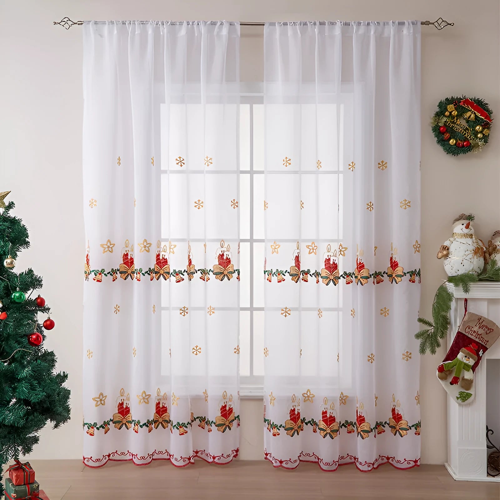 American Christmas curtain with embroidered snowflake design in semi-sunshade polyester fabric