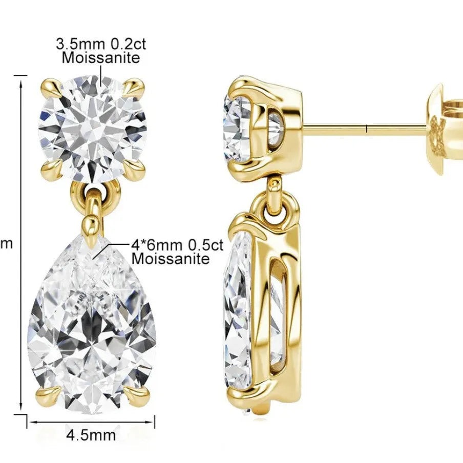 925 sterling silver water drop moissanite stud earrings with geometric design in gold or silver finish